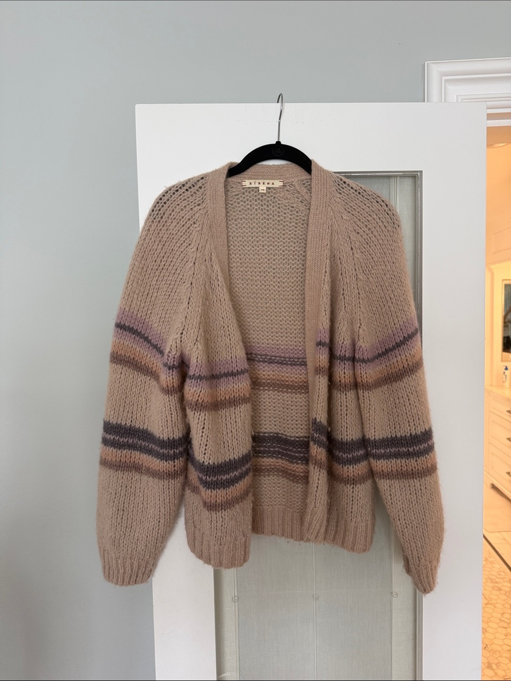 XiRENA Beige Open-Front Mohair-Blend Cardigan with Stripe Accents